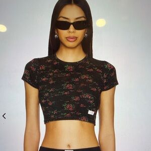 Alexander Wang Bodywear Washed Black Multi Floral Cropped Short Sleeve Tee
